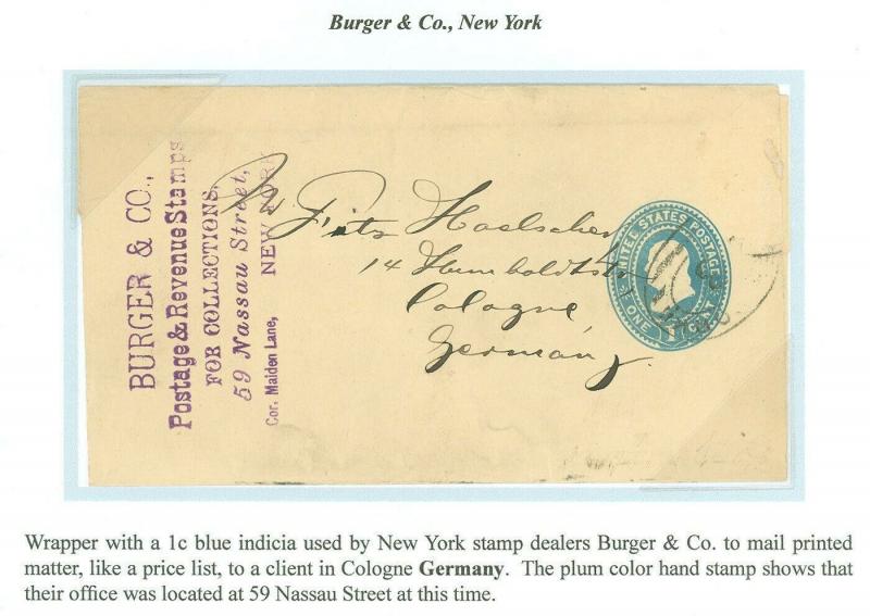 1896 BURGER & CO. Stamp Dealer Corner Card, NASSAU ST - KOLN GERMANY! ExBELASCO!