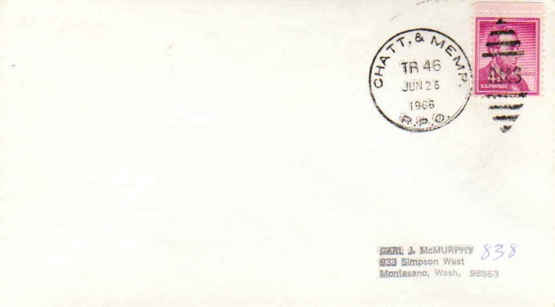 United States U.S. R.P.O.'s Chatt. & Memp. 1966 502-J-1  Philatelic.