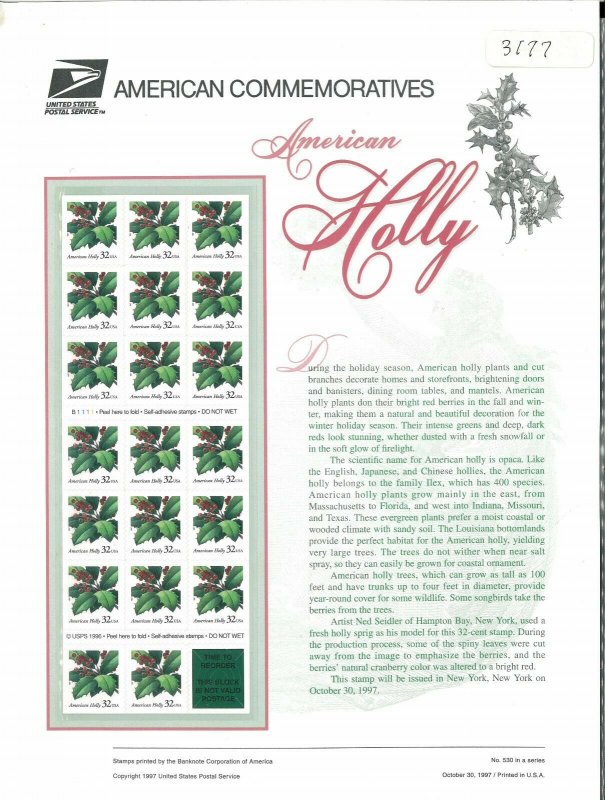 USPS COMMEMORATIVE PANEL #530 AMERICAN HOLLY #3177