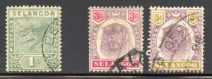 Malaya-Selangor Scott 24,29-30 UH - 1891-95 Tigers - SCV $1.00