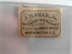 LOCAL STAMP J.D. FREE, JR. BOOKSELLER AND STATIONER WASHINGTON DC 1800'S !! RARE