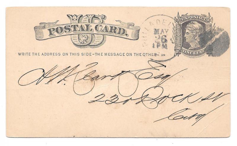 UX5 Postal Card 1879 Bachelors Barge Club Phila PA Boating Fancy Cork Cancel