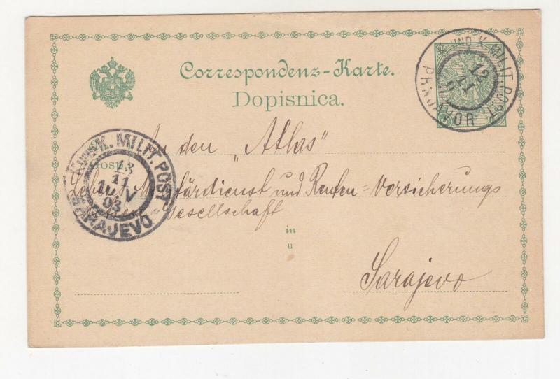 BOSNIA & HERZEGOVINA, Postal Card, 1903 5h., PRNJAVOR to Sarajevo.