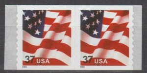 3633B, Pair, Waving Flag-'05', MNH.  .37 Cent. Micro-Printed