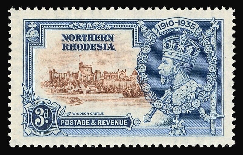 Northern Rhodesia 1935 KGV Silver Jubilee 3d DIAGONAL LINE BY TURRET mlh. SG 20f