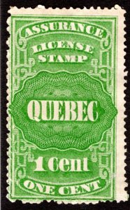 QA1, van Dam, 1c green, MNG, Canada, Quebec, License Assurance, F, Revenue Stamp