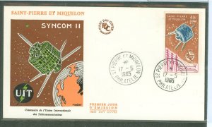 St. Pierre & Miquelon C29 1965 40fr (omnibus issue) ITU satellite  on an unaddressed cacheted FDC