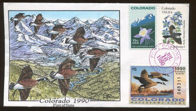 1990 Fort Collins Colorado Canadian Geese V Form Hand Painted Cover FDC Stamp #1