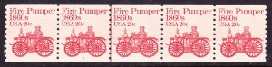 Scott 1908, Unused OG NH Plate #1 Strip of 5, 20c Firepumper, Lt Bent Perfs