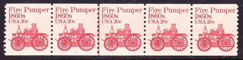 Scott 1908, Unused OG NH Plate #1 Strip of 5, 20c Firepumper, Lt Bent Perfs