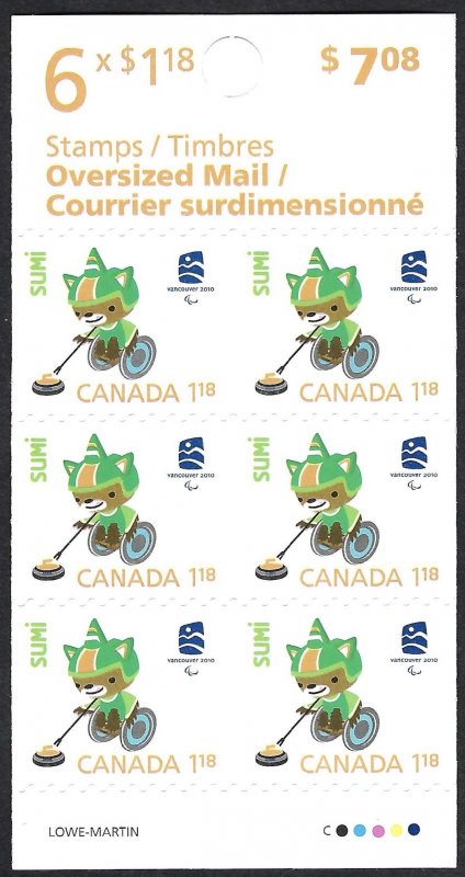 Canada #2312a $1.18 Sumi Paralympics Mascot (2009). Booklet of 6 stamps. MNH