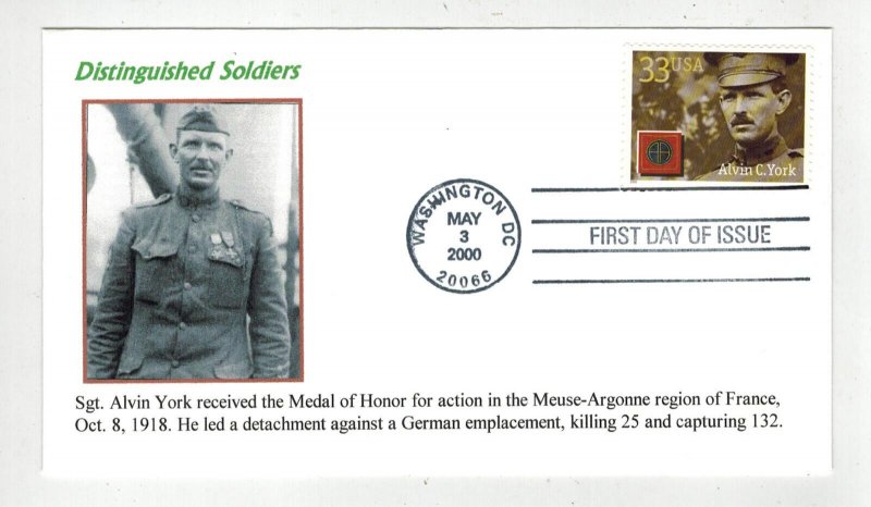 Patriotic FDC DISTINGUISHED SOLDIERS WORLD WAR 1 SGT ALVIN YORK  Scarce Ginsberg
