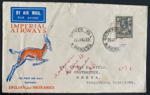 1932 Broken Hill Northern Rhodesia First Flight  Cover To Mbeya Tanganyika 26 Fl