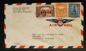 1944 Guatemala City to Bluefields Nicaragua Multi Franking Airmail Cover