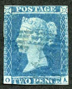 1841 2d Blue (OA) cancelled with a 1844 postmark in BLUE SG14h Cat 1000 pounds