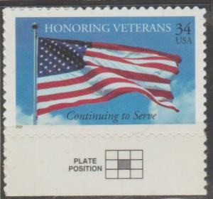 #3508, Single. Honoring Veterans MNH, '.34'