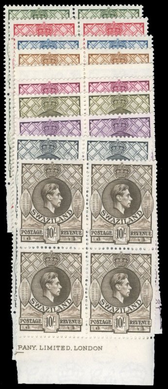 Swaziland #27-37 Cat$340, 1938 George VI, complete set in blocks of four, nev...