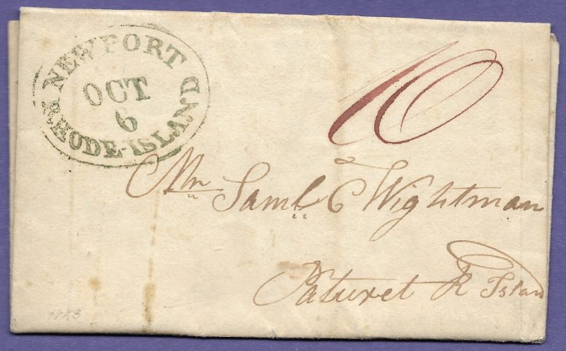 NEWPORT, R.I. 1823 STAMPLESS FOLDED LETTER, GREEN OVAL, POSTAL HISTORY COVER.