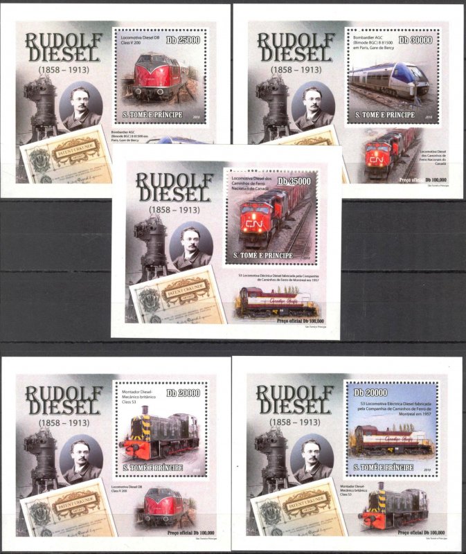 {054} Sao Tome & Principe 2010 Trains 5 S/S Deluxe MNH**