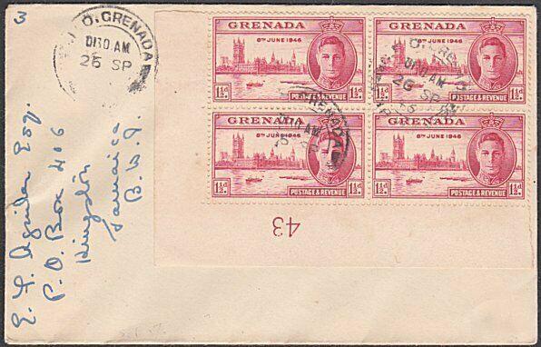 GRENADA 1946 Victory 1½d plate block used on cover to Jamaica..............54773