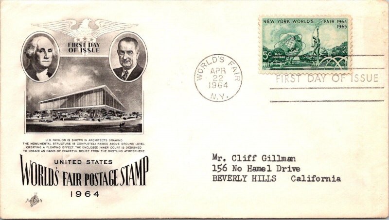 FDC 1964 SC #1244 Artcraft Cachet - Worlds Fair NY - Single - J904