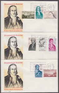 SPAIN Sc # 1489-86 SET of 3 DIFF FDC X 8 DIFF STAMPS - NORTH AMERICAN EXPLORERS