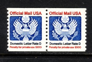 SCOTT O139 1985 D-RATE ($0.22 CENT)  OFFICIAL ISSUE COIL PAIR MNH OG VF CAT $10!