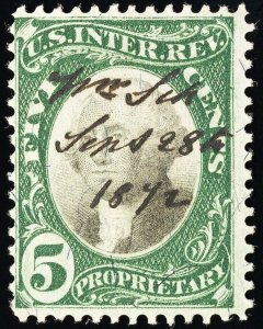 US Stamps # RB5a Revenue VF Fresh Violet Paper Scott Value $175.00