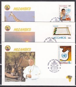 Mozambique, 1988 issue. Pope John Paul II, visit on 3 Cachet covers. ^