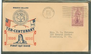 US 777 1936 3c Rhode Island Tercentenary/Roger Williams on an addressed (typed) FDC with a Top Notch cachet