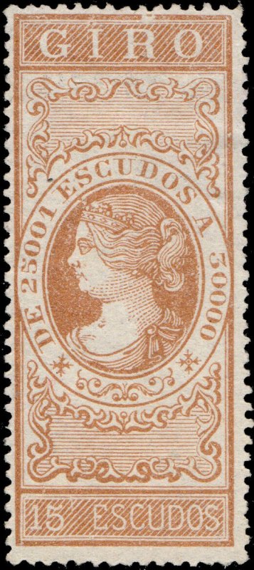 ESPAGNE / SPAIN / ESPAÑA 1867 Sello Fiscal (GIRO) 15 Escudos castaño - Sin Goma