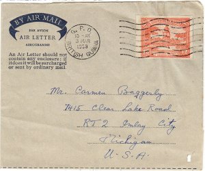 BRITISH GUIANA cover- 3 March 1958 Aerogramme / Air Letter - stamp imperforated