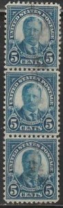 U.S. 557, 5¢ THEODORE ROOSEVELT, USED VERTICAL STRIP OF 3. F-VF. (926)