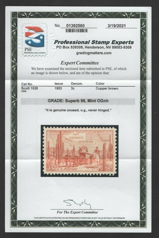 Scott #1028 Mint 3c Copper Brown OGnh PSE Cert. Superb-98 SMQ $75 (LB 10/17) 