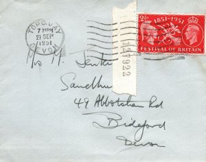 GREAT BRITAIN SG 513 WITH SIDE SELVEDGE CONTROL NUMBER ON LOCAL MAIL DEVON 1951