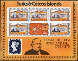 Turks & Caicos 391-395 sheets,MNH.Mi 436-440C klb. Sir Rowland Hill, 1979. Ship.