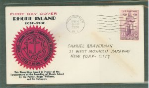 US 777 1936 3c Rhode Island Tercentenary (Roger Williams) single on an addressed first day cover with a Kapner cachet.