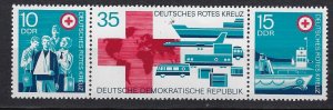 DDR 1972 Red Cross anniv issue strip 3, Scott#1401a, MNH. XF.Red cross, t (a2186