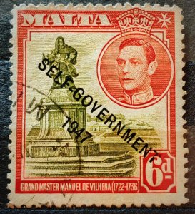 Malta. A used postage stamp issued in 1947 depicting the monument to Gran...