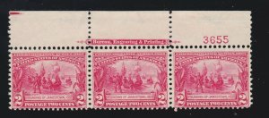 US 329 2c Jamestown Exposition Mint Top Plt #3655 Strip of 3 F-VF OG H SCV $105