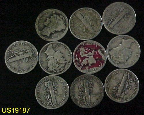 Ten different circulated MERCURY DIMES