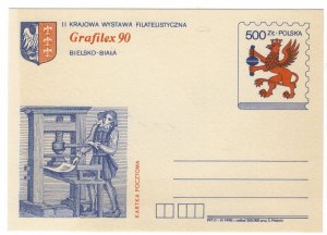 Poland 1990 Postal Stationary Postcard Stamp MNH Printing Press Coat of Arms