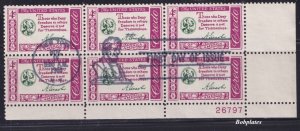 BOBPLATES US #1143 Credo Lower Right Plate Block of 6 First Day Use Scarce