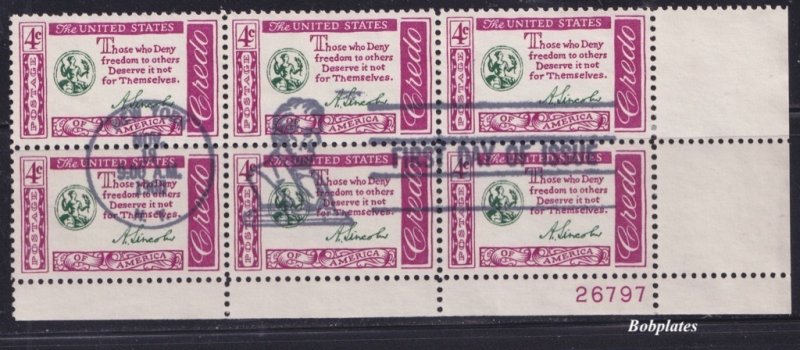 BOBPLATES US #1143 Credo Lower Right Plate Block of 6 First Day Use Scarce