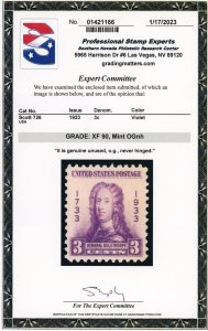 US Stamp #726 Georgia Bicentennial 3c - PSE Cert - XF 90 - MNH - SMQ $20.00 