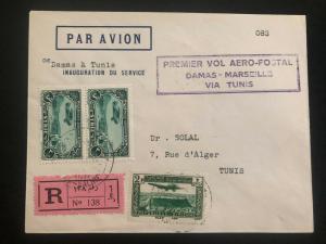 1936 Damascus First Flight Airmail Cover to Marseille France Via tunis