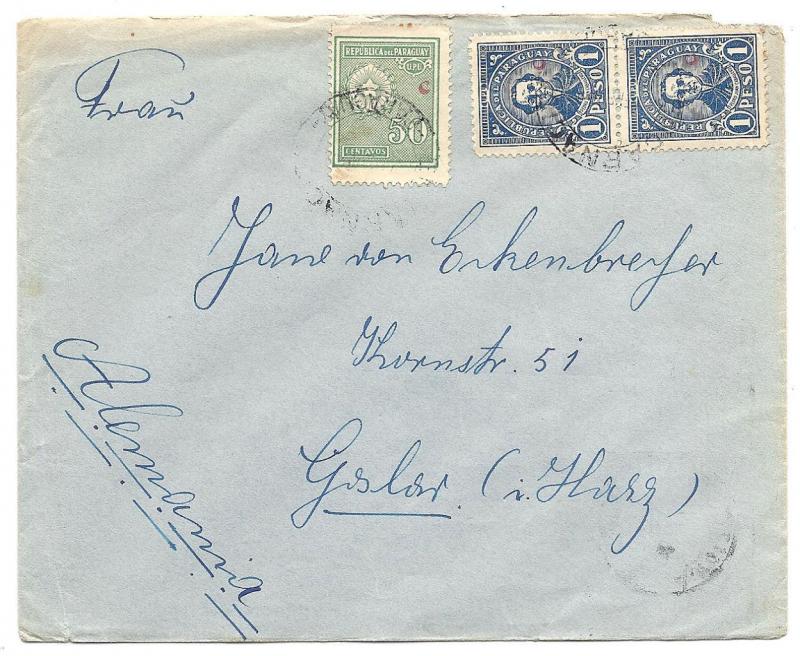 PARAGUAY TO GERMANY 1927-39 INTERIOR OFFICE ISSUES ON COVER, 50c+2x19 RATE RED C