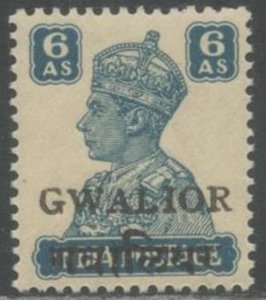 INDIA-Gwalior State Sc#124 1949 Ovpt. on 6a Peacock Blue KGVI OG Mint NH