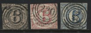 Thurn & Taxis Southern District 1852 6 kr, 1859 6 kr, & 1862 6 kr used  (JD)