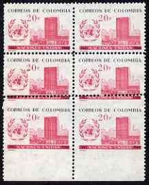 Colombia 1960 UN Day 20c marginal block of 6 with major p...